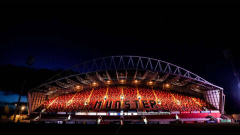 Image of an empty Thomond Park at nighttime with the stadium lights on. If you're heading to Thomond Park, stay at South Court which is located only 10 minutes away